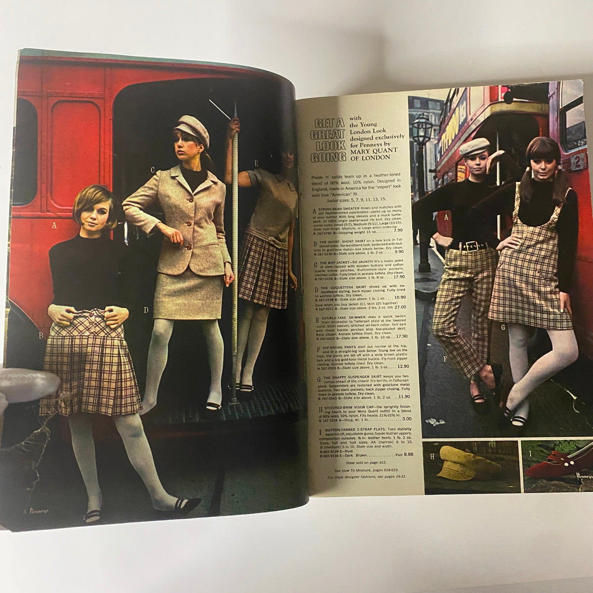1966 JC Penneys Fall and Winter Store Catalog highlighting three young women dressed in trendy outfits inspired by Mary Quant, set against a red London bus background.