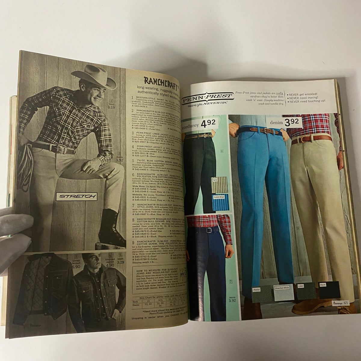 1966 JC Penneys Fall and Winter Store Catalog page highlighting fashionable men's clothing, including ranch-style outfits, jeans, and pricing details.