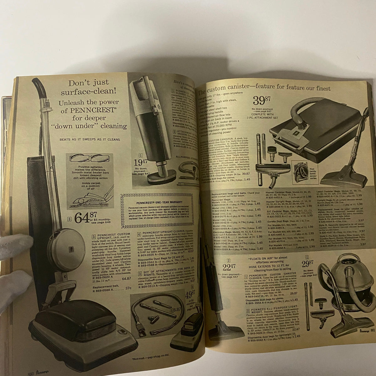 Image from the 1966 JC Penneys Fall and Winter Store Catalog showcasing various vacuum cleaners and their prices, illustrating mid-century American home goods.