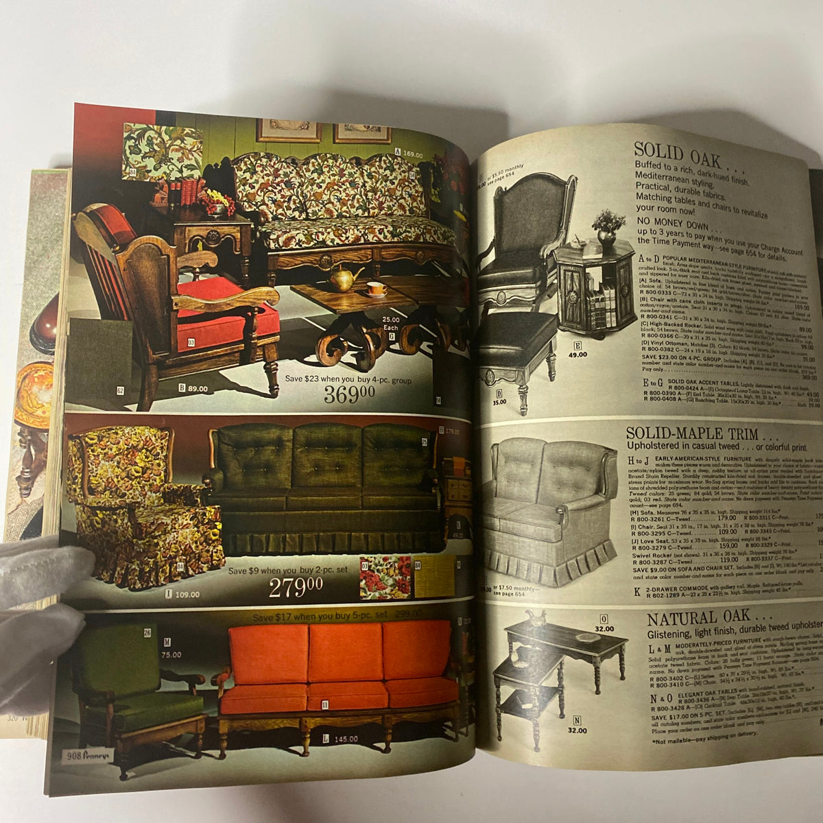 1967 JC Penneys Fall and Winter Store Catalog page showcasing furniture including sofas, chairs, and tables with pricing details.