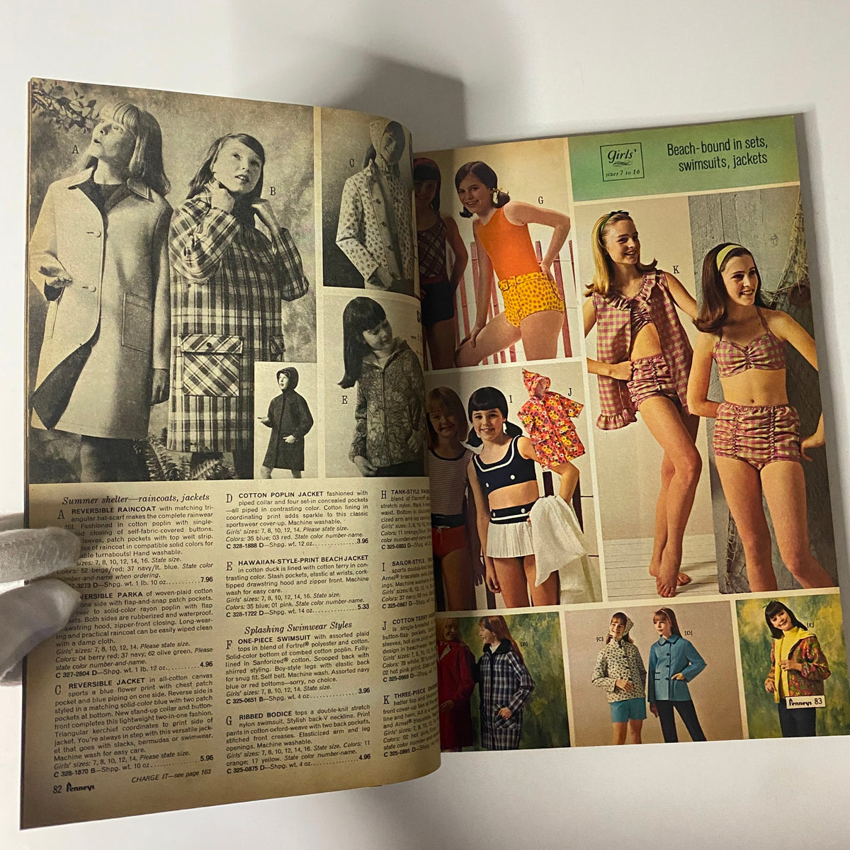 1967 JC Penneys Summer Store Catalog VG capturing a range of girls' swimwear and beachwear, showcasing retro styles and accessories designed for summer fun.