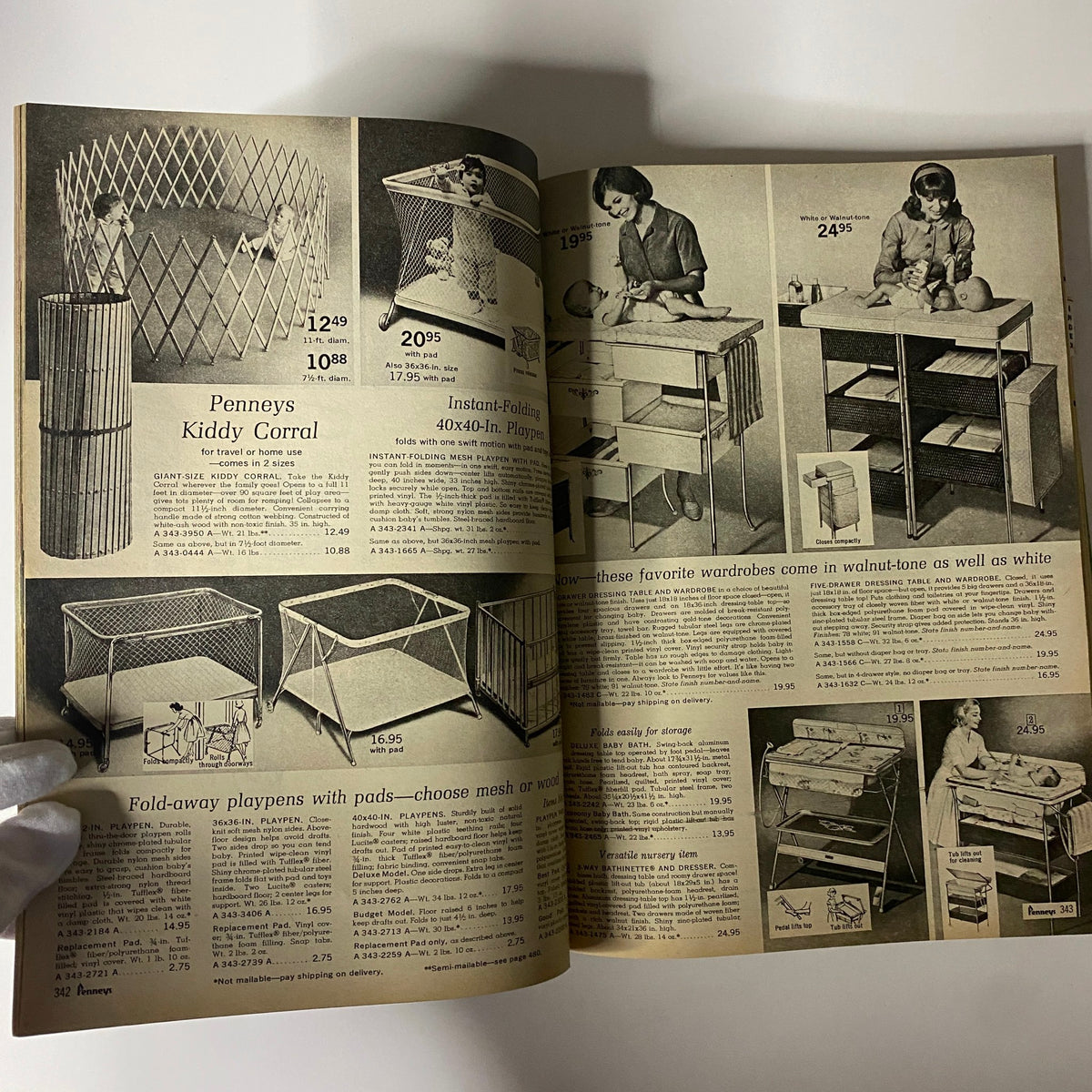 1967 JC Penneys Spring and Summer Store Catalog presenting nursery furniture items, including playpens and dressers, highlighting essential baby products of the era.