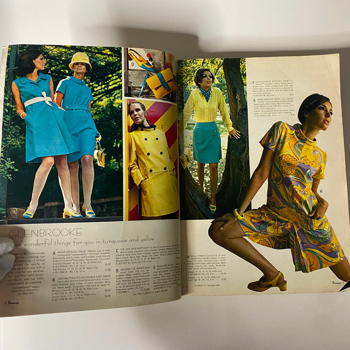 Interior page of the 1968 JC Penneys Spring and Summer Store Catalog displaying vibrant fashion styles in turquoise and yellow, including dresses and accessories for women.