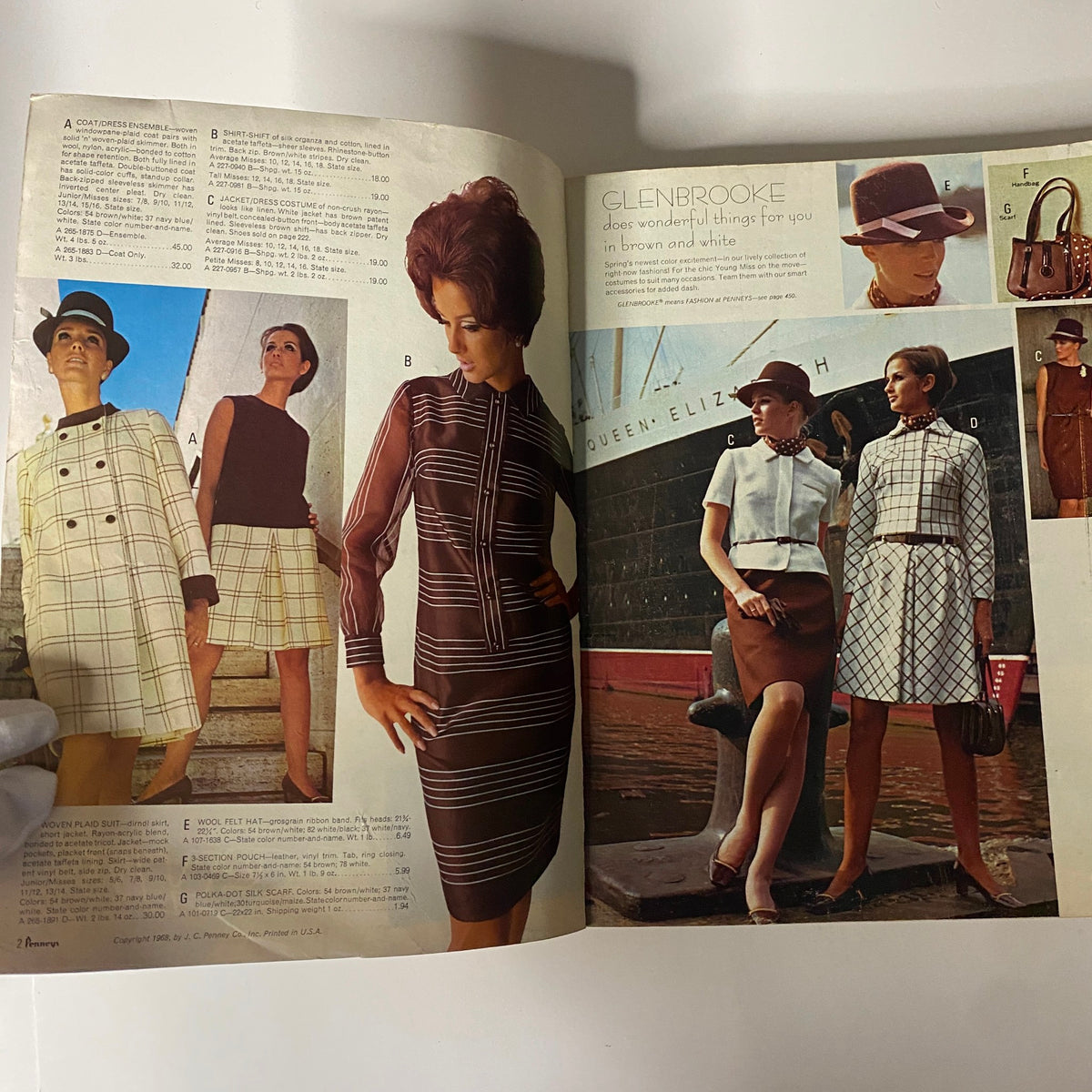 Another interior page of the 1968 JC Penneys Spring and Summer Store Catalog highlighting stylish outfits in brown and white, featuring women's coats and dresses, capturing the essence of 1960s fashion.