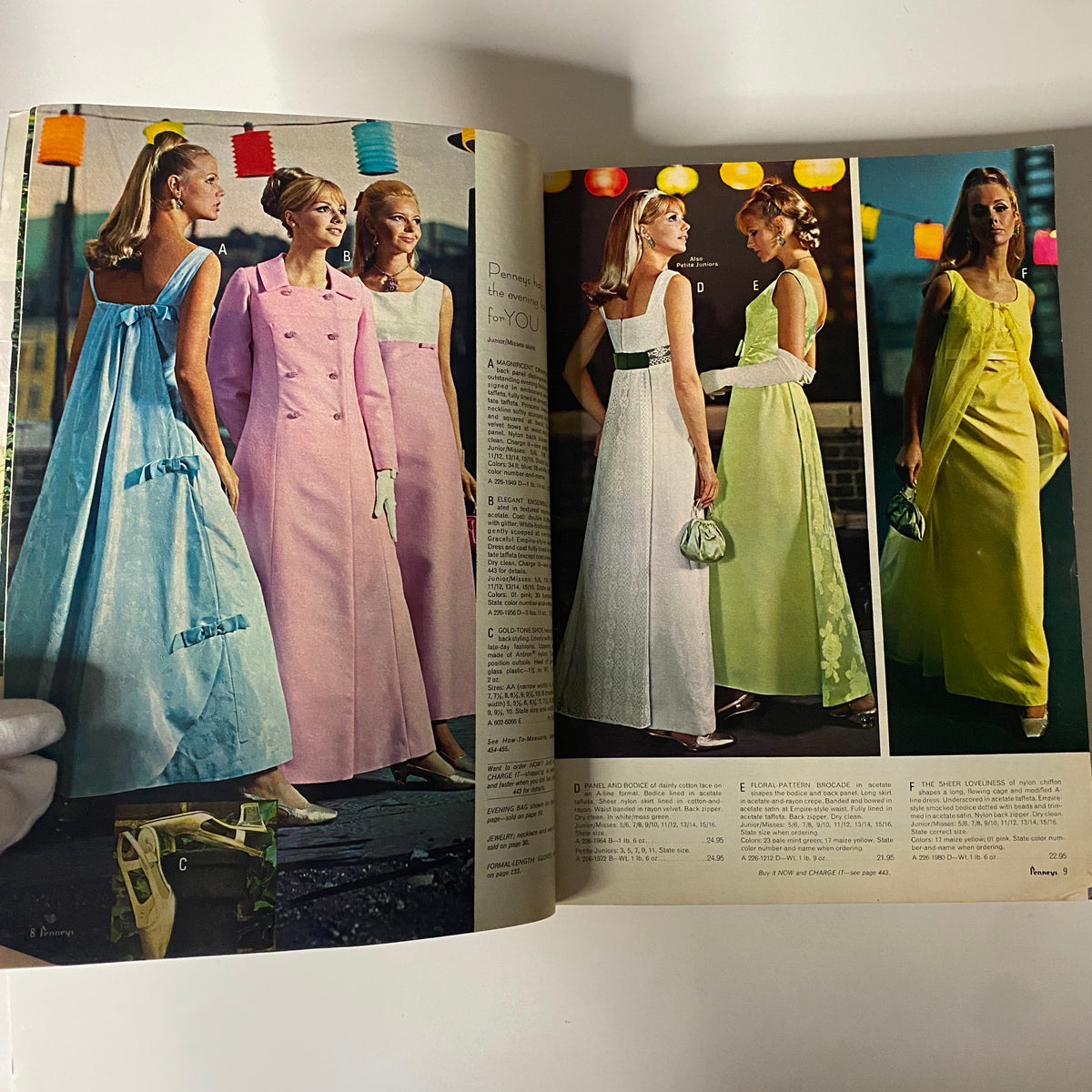 1968 JC Penneys Spring and Summer Store Catalog showcasing elegant evening dresses in vibrant colors worn by models, highlighting 1960s fashion trends.