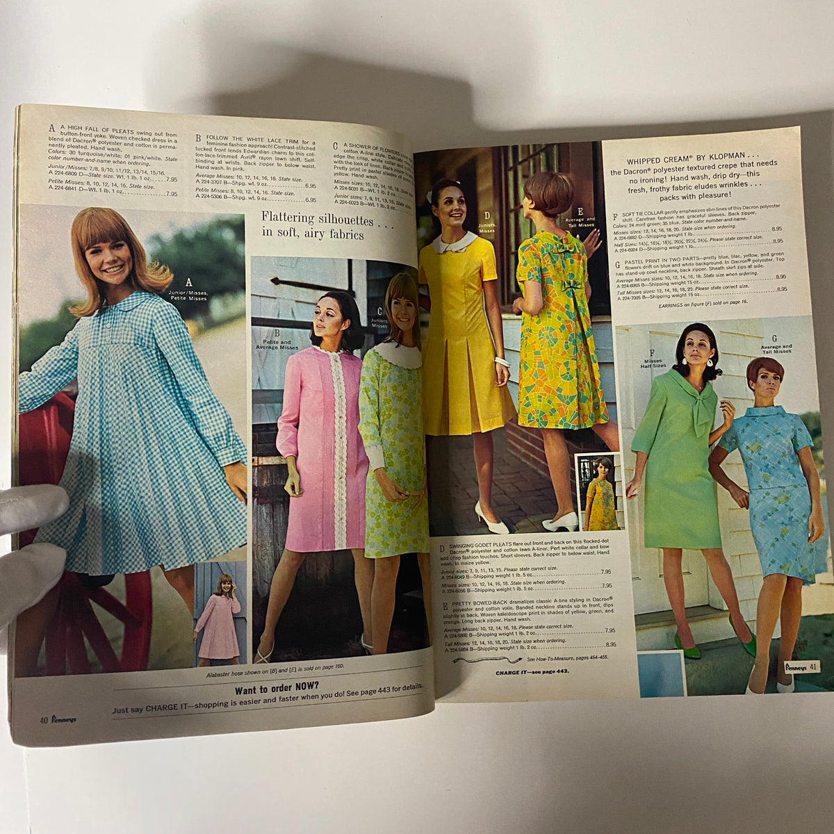 1968 JC Penneys Spring and Summer Store Catalog featuring stylish short and long dresses in pastel colors, demonstrating flattering silhouettes for women.
