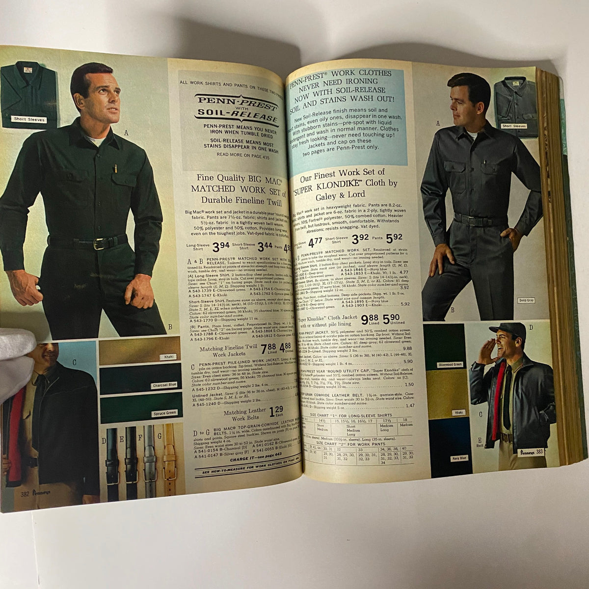 1968 JC Penneys Spring and Summer Store Catalog illustrating durable work clothes for men, showcasing matched work sets in various colors.