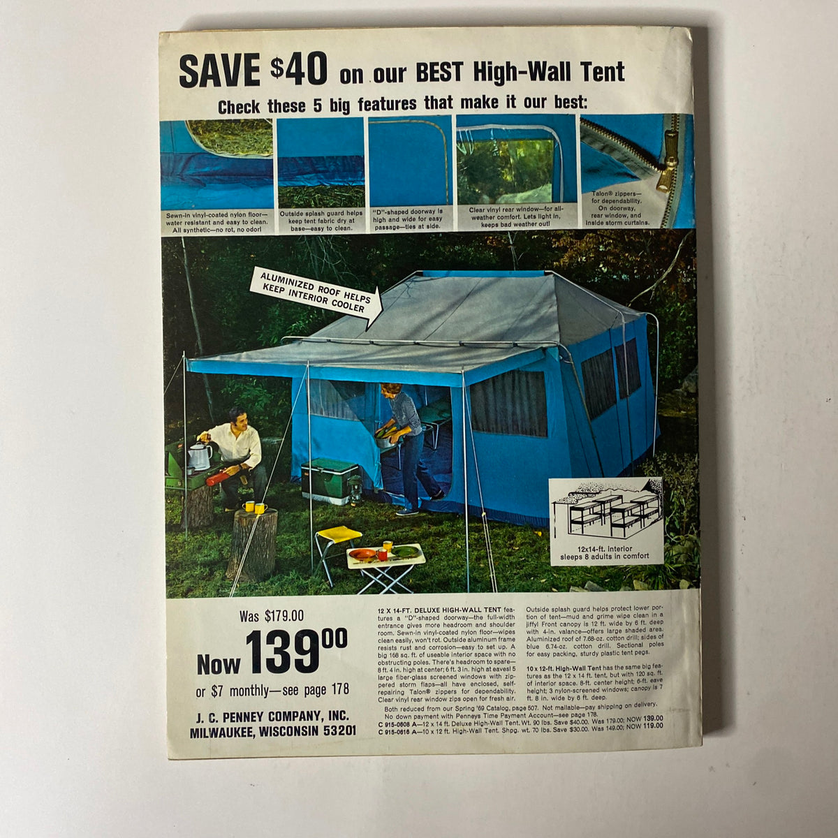 1969 JC Penneys Summer Store Catalog VG advertising a high-wall tent. The image depicts a family camping scene with the tent set up and illustrating its features and pricing.