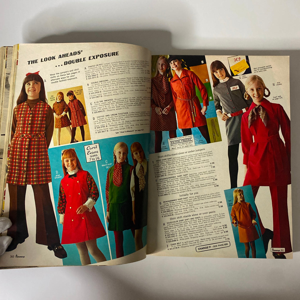 1969 JC Penneys Fall and Winter Store Catalog showcasing playful outfits for girls, including plaid and brightly colored dresses, capturing the essence of 1960s children's fashion.