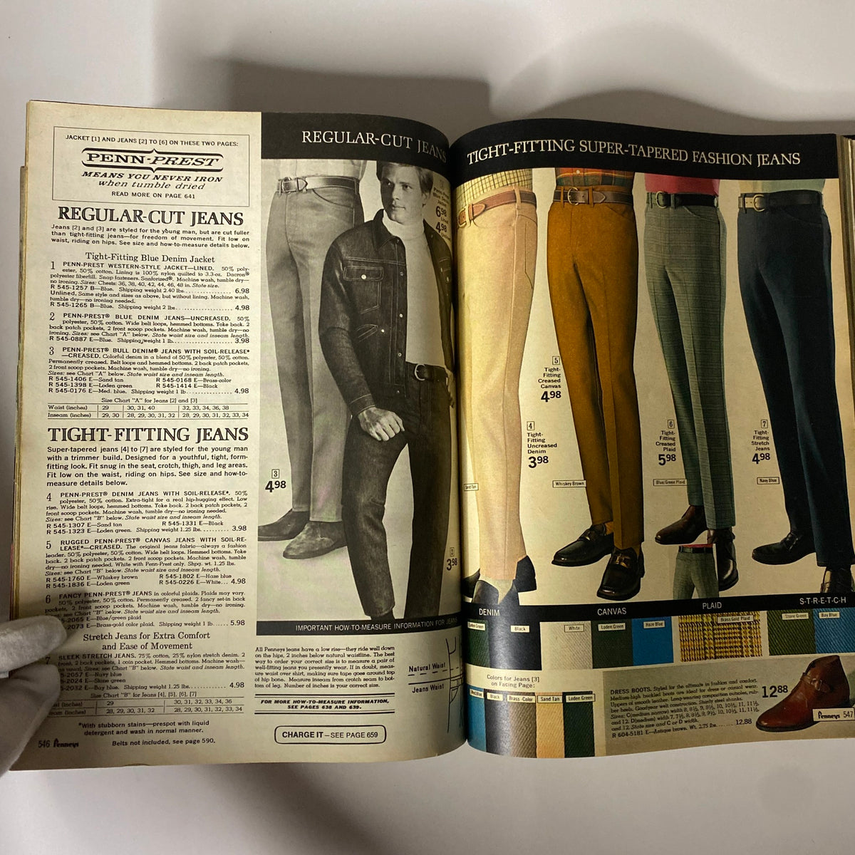 1969 JC Penneys Fall and Winter Store Catalog showcasing men's regular-cut and tight-fitting jeans with detailed descriptions and prices.