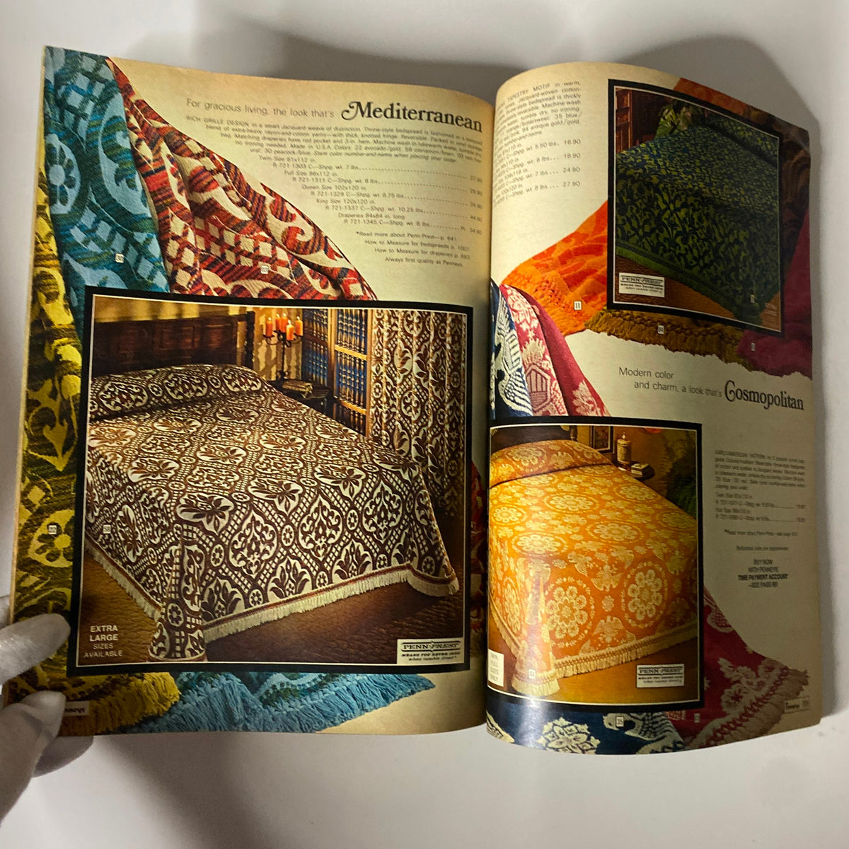 1969 JC Penneys Fall and Winter Store Catalog featuring Mediterranean and Cosmopolitan style bedspreads with vibrant colors and patterns, showcasing product information.