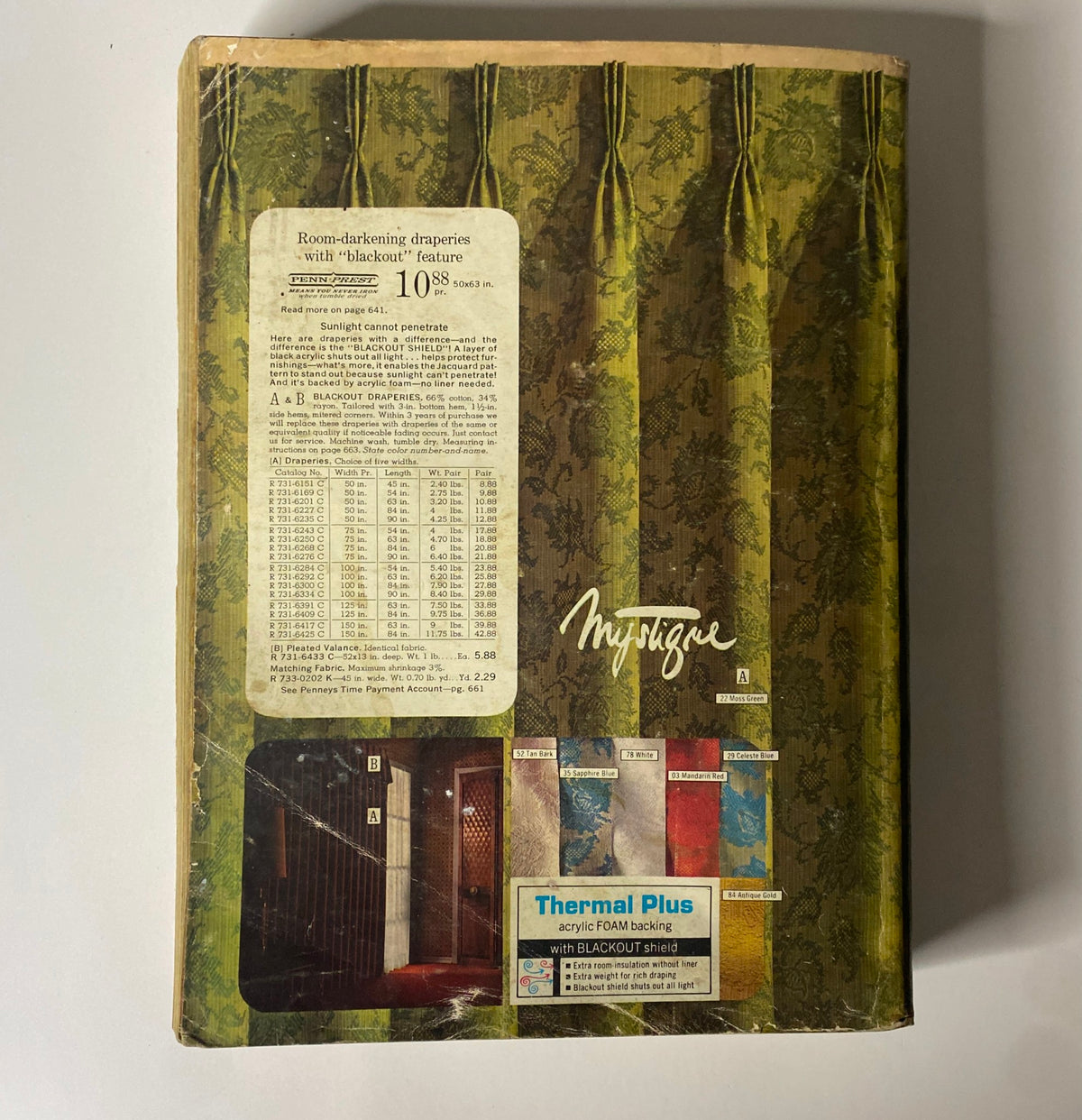 Back cover of the 1969 JC Penneys Fall and Winter Store Catalog featuring room-darkening draperies with blackout feature. Includes pricing and specifications for various drapery styles, along with a stylish design and color options. Perfect for collectors and vintage home decor enthusiasts.