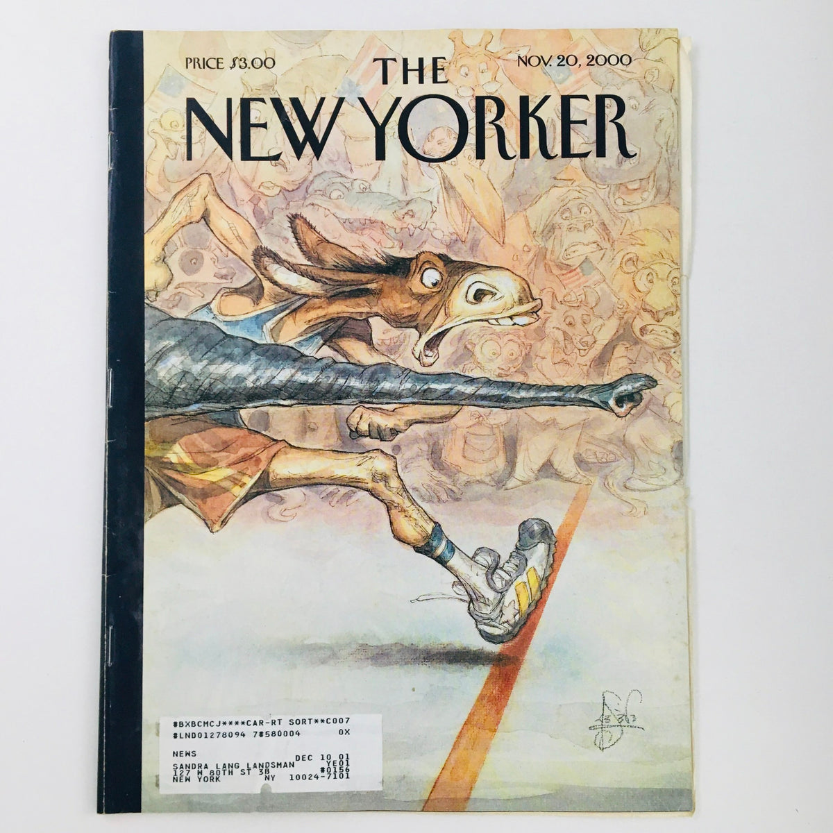 The New Yorker magazine cover dated November 20, 2000, featuring an illustration titled 'By A Nose' by Peter de Seve, depicting a whimsical scene with an anthropomorphic character in motion.