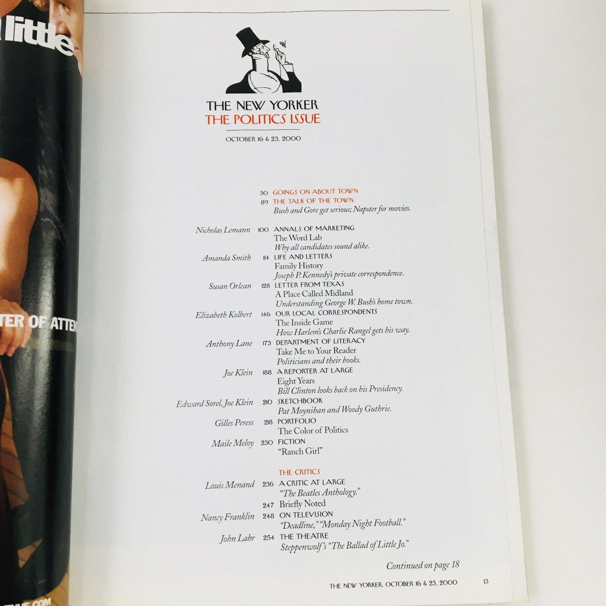 Interior page of The New Yorker October 16 2000, The Politics Issue, outlining articles and features including cultural insights and political commentary from notable writers.
