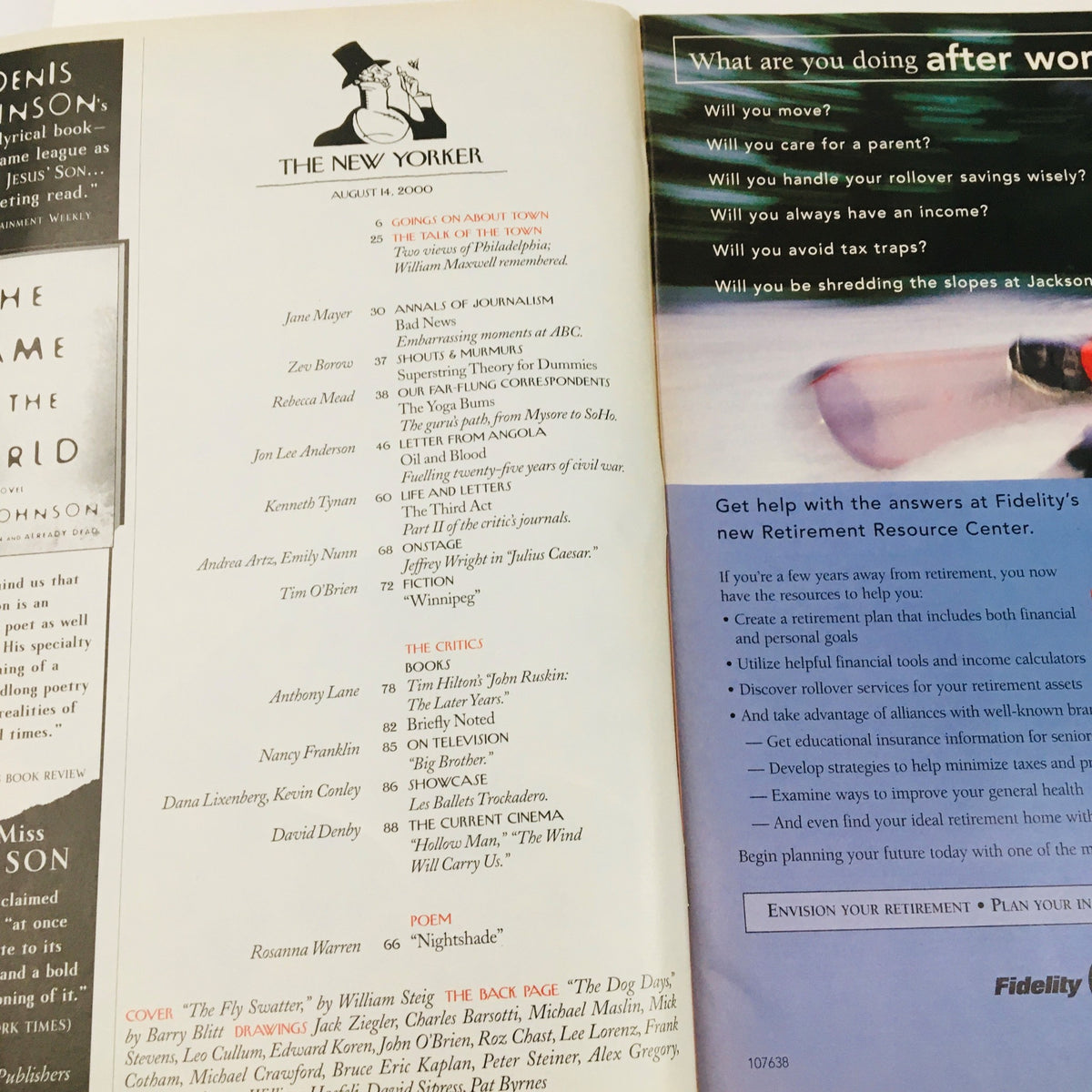 Inside view of The New Yorker August 14 2000 magazine showcasing articles and advertisements from that issue.