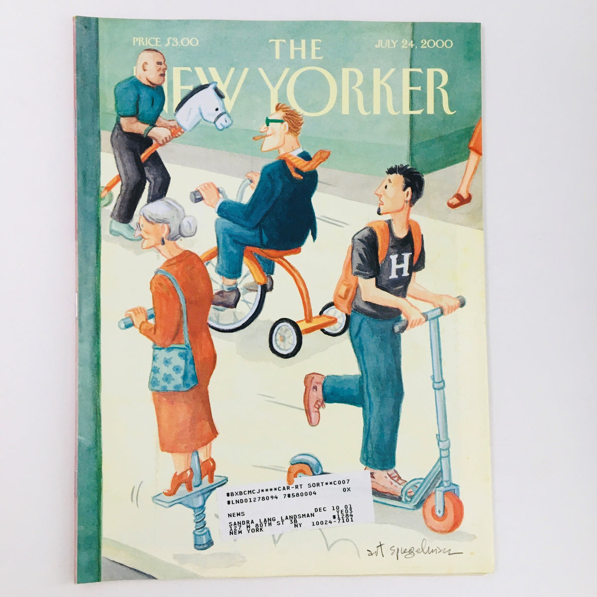 Cover of The New Yorker Magazine July 24 2000 featuring Reinventing the Wheel by Art Spiegelman, showcasing artistic illustrations of diverse pedestrians and cyclists.