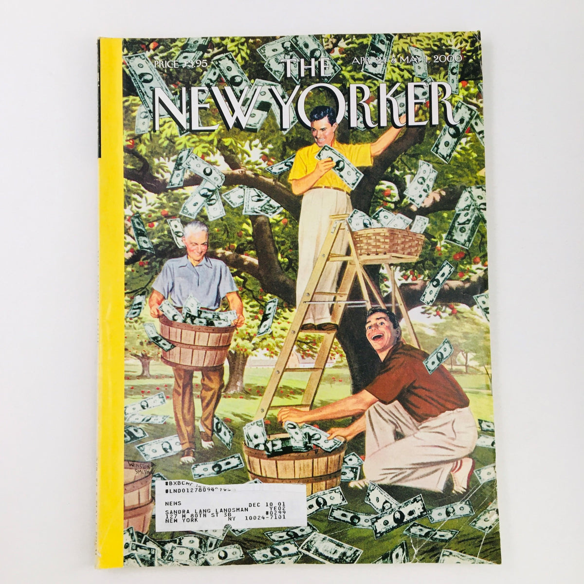 The New Yorker April 24 2000 Full Magazine Theme Cover by Winston Smith featuring illustrated figures surrounded by money, representing themes of wealth and satire.