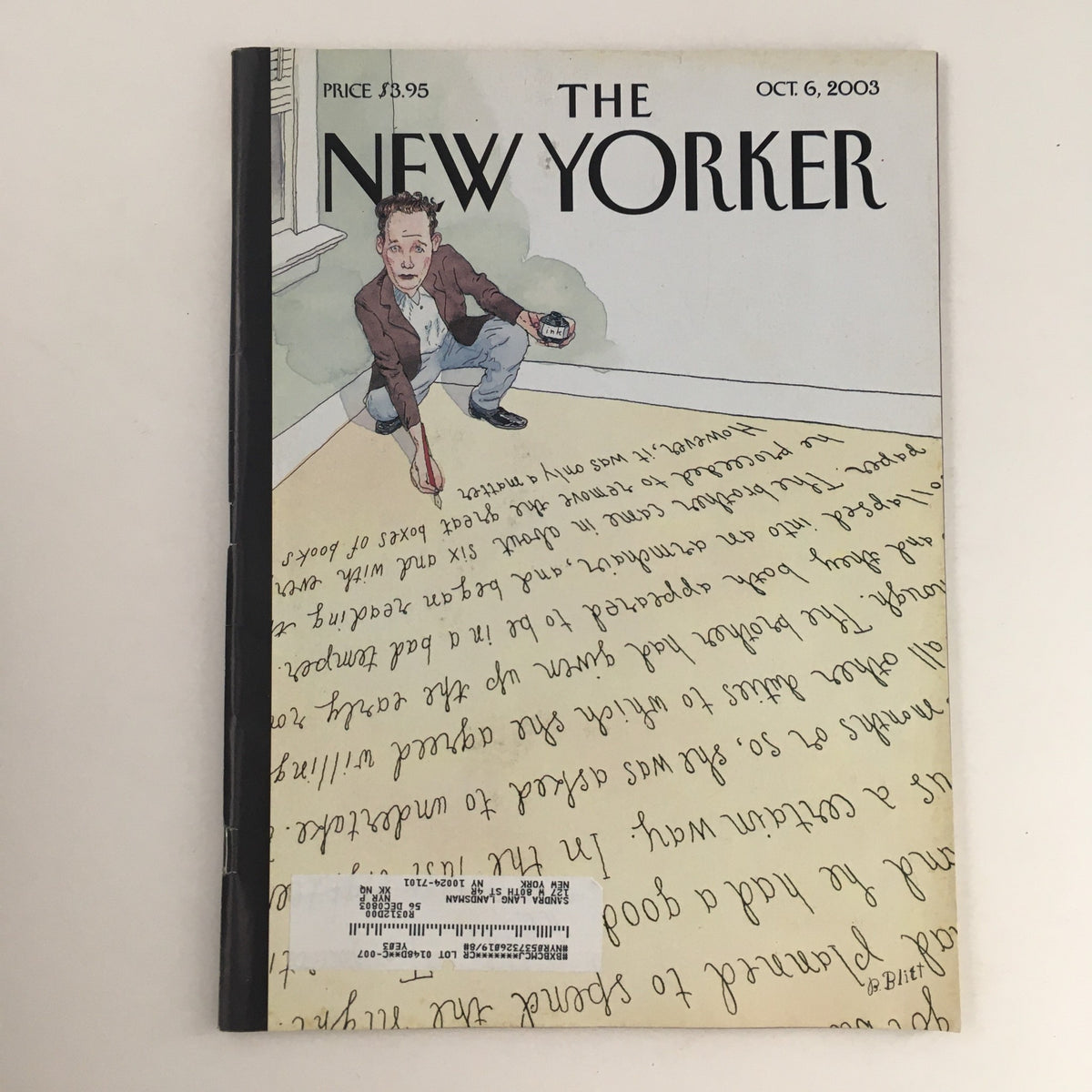 The New Yorker Magazine October 6 2003 featuring the cover illustration 'Writer's Dilemma' by Barry Blitt, showcasing a man painting text on the floor.