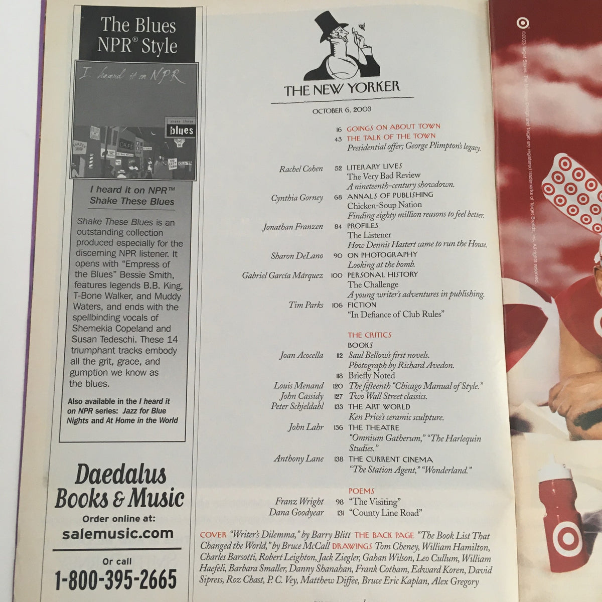 The New Yorker Magazine October 6 2003 contents page listing articles and authors, reflecting the rich literary offerings of this issue.