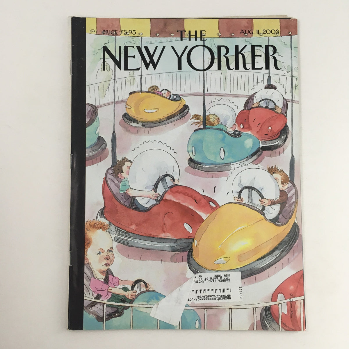 The New Yorker Full Magazine August 11 2003 cover featuring the illustration 'Safety First' by Barry Blitt, depicting colorful bumper cars in a playful amusement park setting.