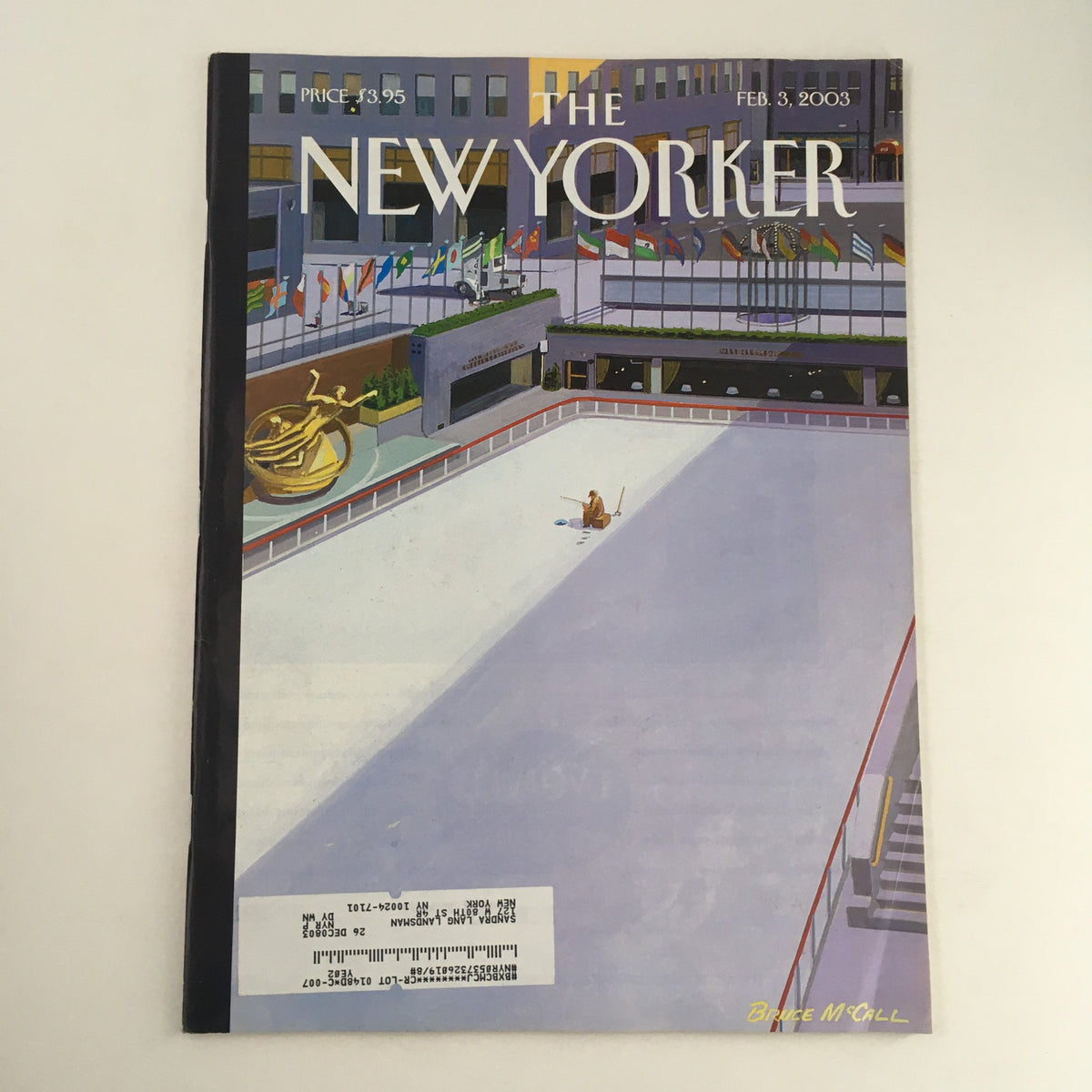 Cover of The New Yorker Full Magazine February 3, 2003, featuring cover art titled 'Stocked Pond' by Bruce McCall, showcasing a vibrant outdoor scene with an ice rink and flags.