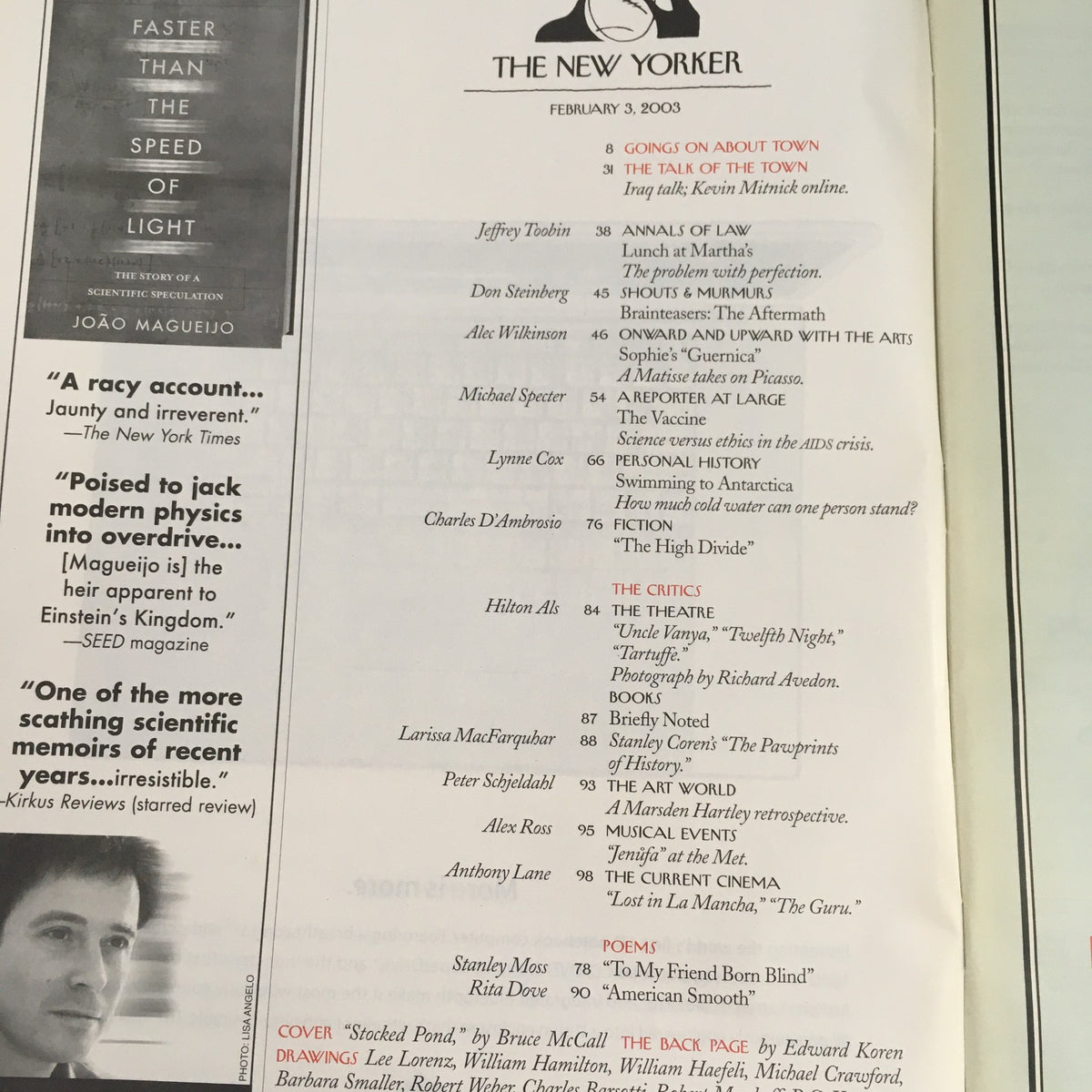 Interior page of The New Yorker Full Magazine February 3, 2003, displaying the table of contents with article titles and contributors, highlighting the diverse range of topics in this issue.