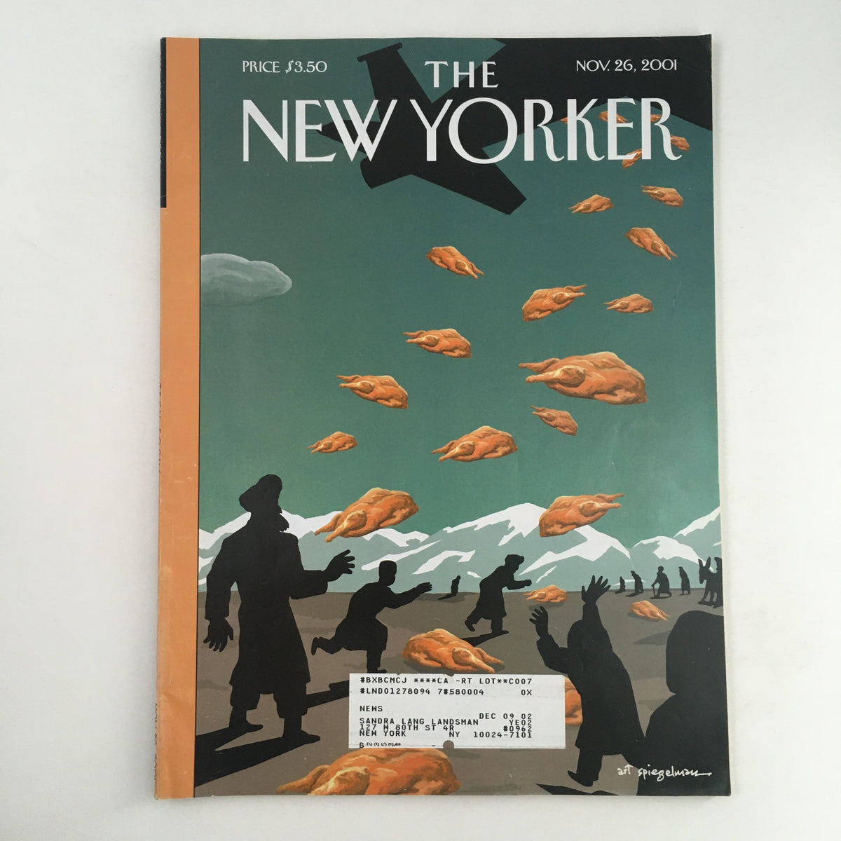 Cover of The New Yorker Full Magazine from November 26, 2001, titled 'Enduring Freedom' illustrated by Art Spiegelman, featuring striking imagery related to themes of war and peace.