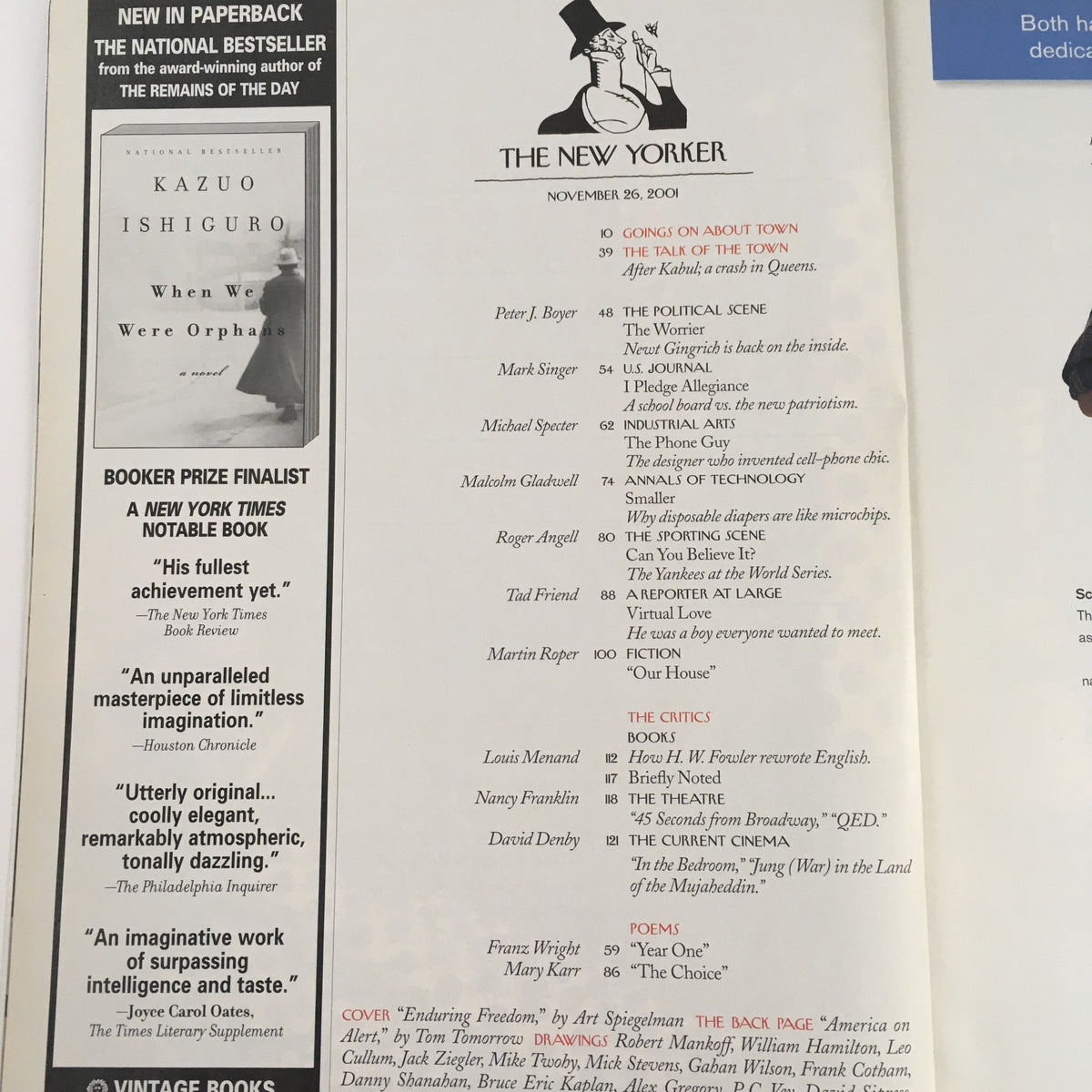 The New Yorker Full Magazine November 26, 2001, featuring editorial content including articles, listings, and contributor details, capturing the essence of the time post-September 11.