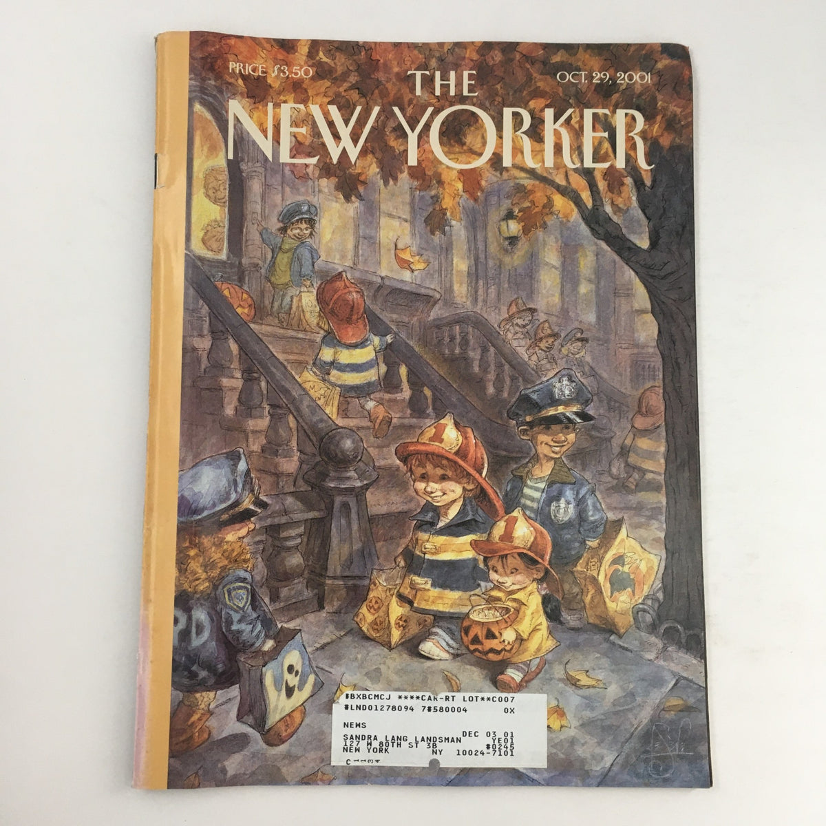 The New Yorker October 29 2001 Full Magazine Theme Cover by Peter de Sève featuring children in costumes on a vibrant autumn day, capturing the essence of Halloween festivities.