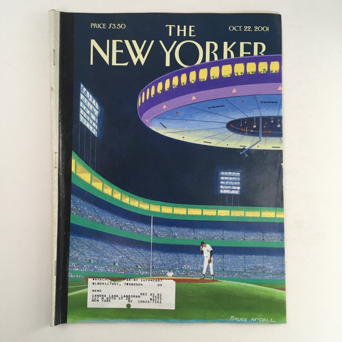 The New Yorker Full Magazine October 22 2001 featuring Sky Box cover art by Bruce McCall, showcasing a baseball player beneath a colorful stadium. A collectible magazine in good condition.