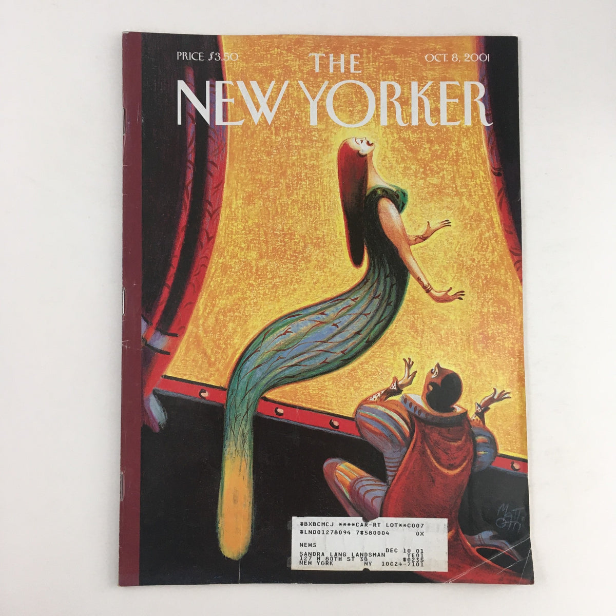 The New Yorker Full Magazine October 8 2001 cover featuring artwork 'Rising Voices' by Lorenzo Mattotti, showcasing a vibrant illustration with a figure in a flowing dress against a warm background.