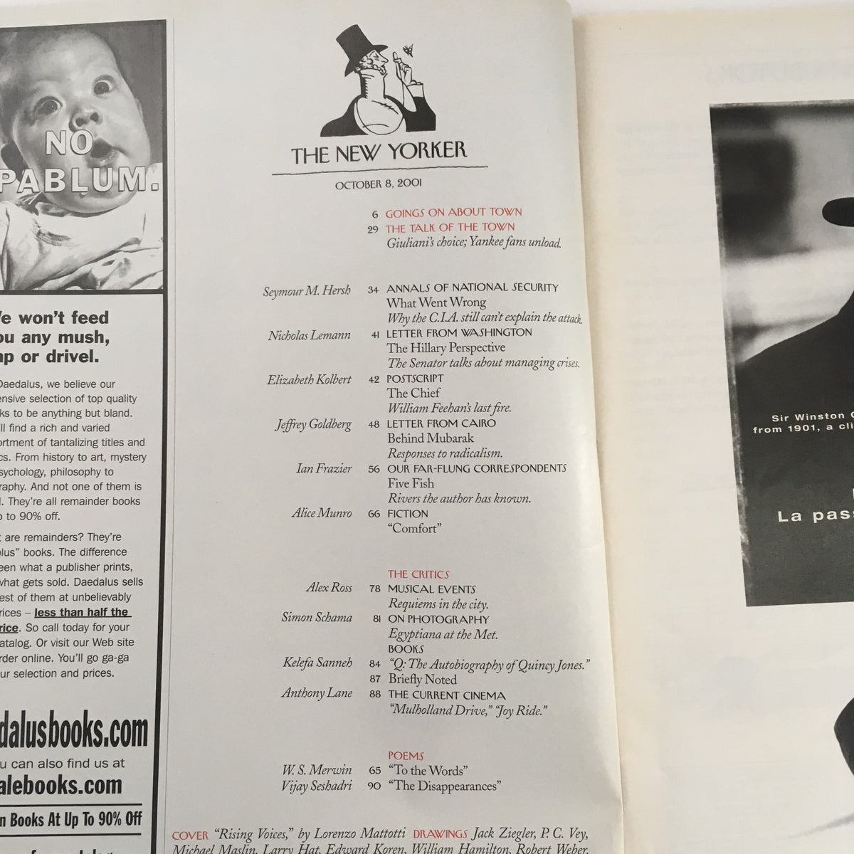 Interior page of The New Yorker Full Magazine October 8 2001, displaying the table of contents with a list of articles and contributors, including the cover title 'Rising Voices' by Lorenzo Mattotti.