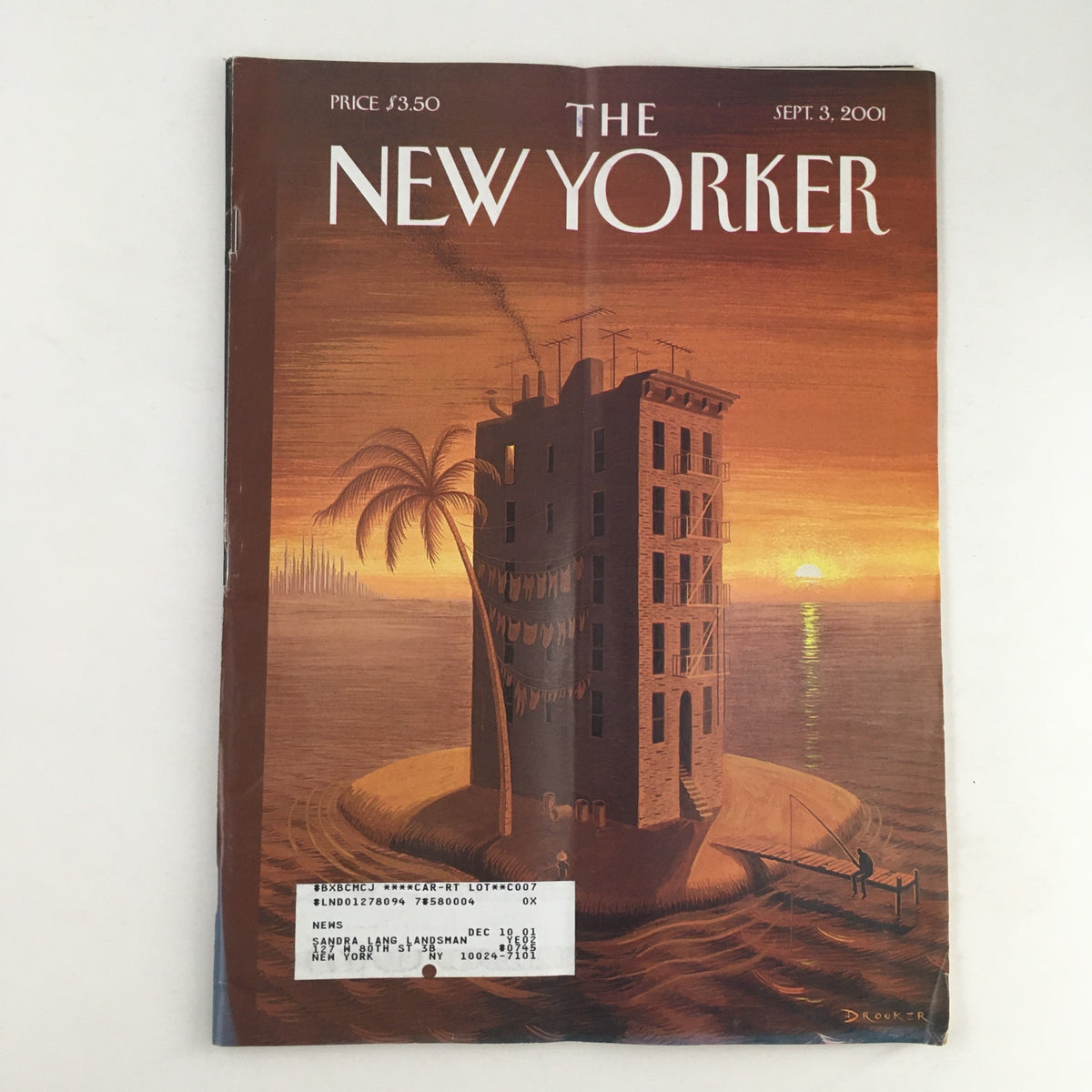 Cover of The New Yorker Full Magazine September 3 2001 featuring the artwork 'Tenement Island' by Eric Drooker, showcasing a whimsical building on an island at sunset.