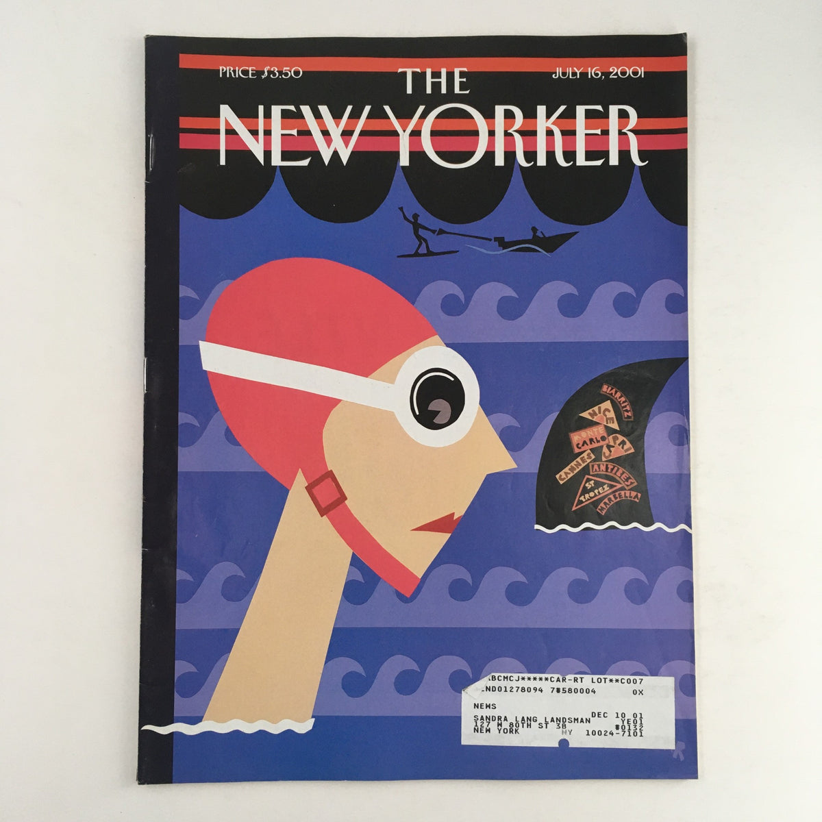 Cover of The New Yorker Full Magazine July 16, 2001, featuring a stylized illustration of a swimmer with a cap and waves, highlighting the issue's theme and artwork.
