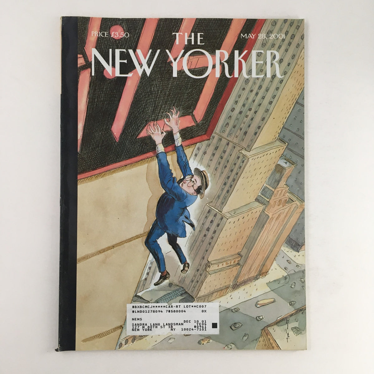 Cover of The New Yorker Full Magazine May 28, 2001 featuring the artwork 'Safety Last Again' by Barry Blitt, depicting a humorous scene of a man hanging from a building.