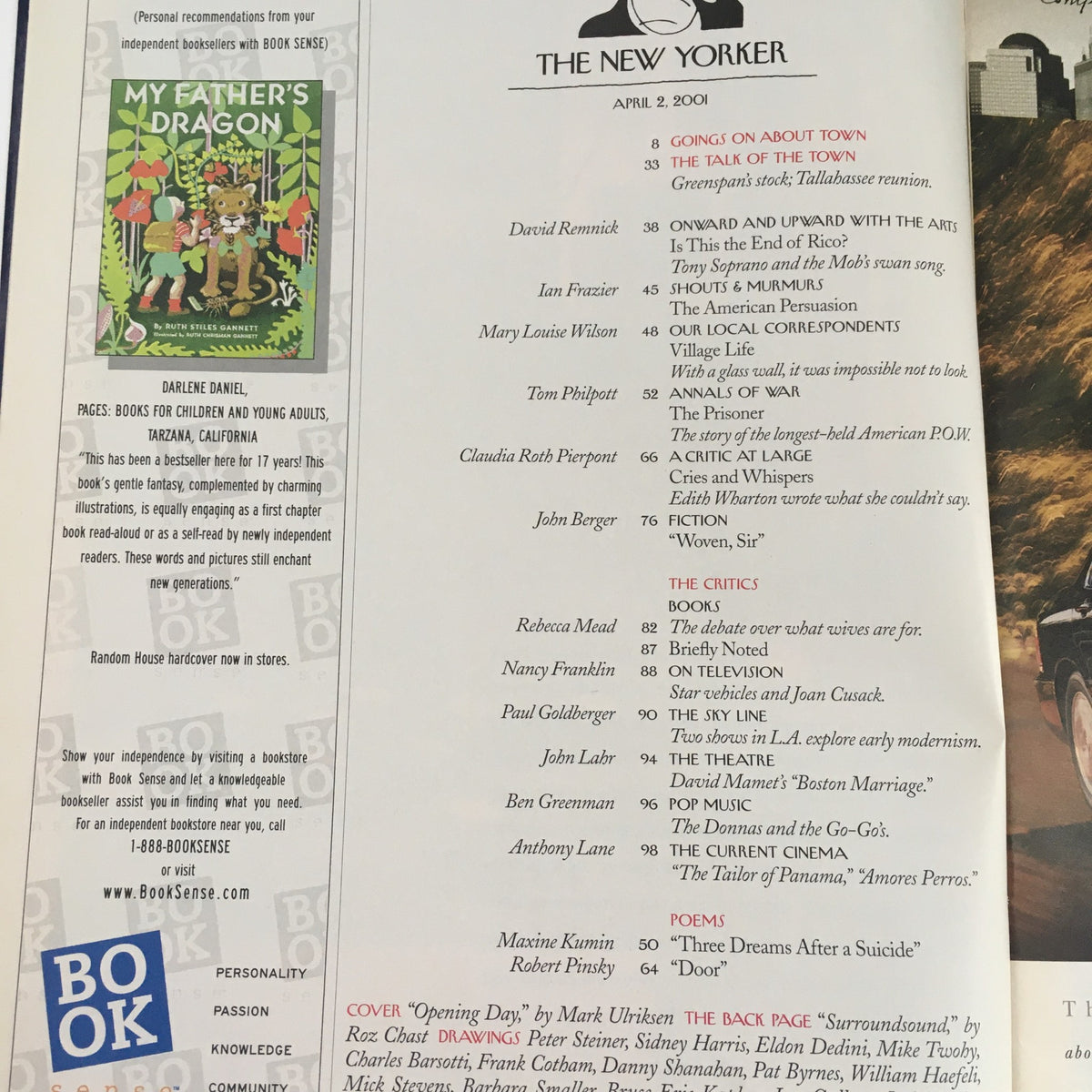 The New Yorker Full Magazine April 2 2001 interior page showcasing article listings, including contributions by various authors, highlighting the magazine's diverse content.