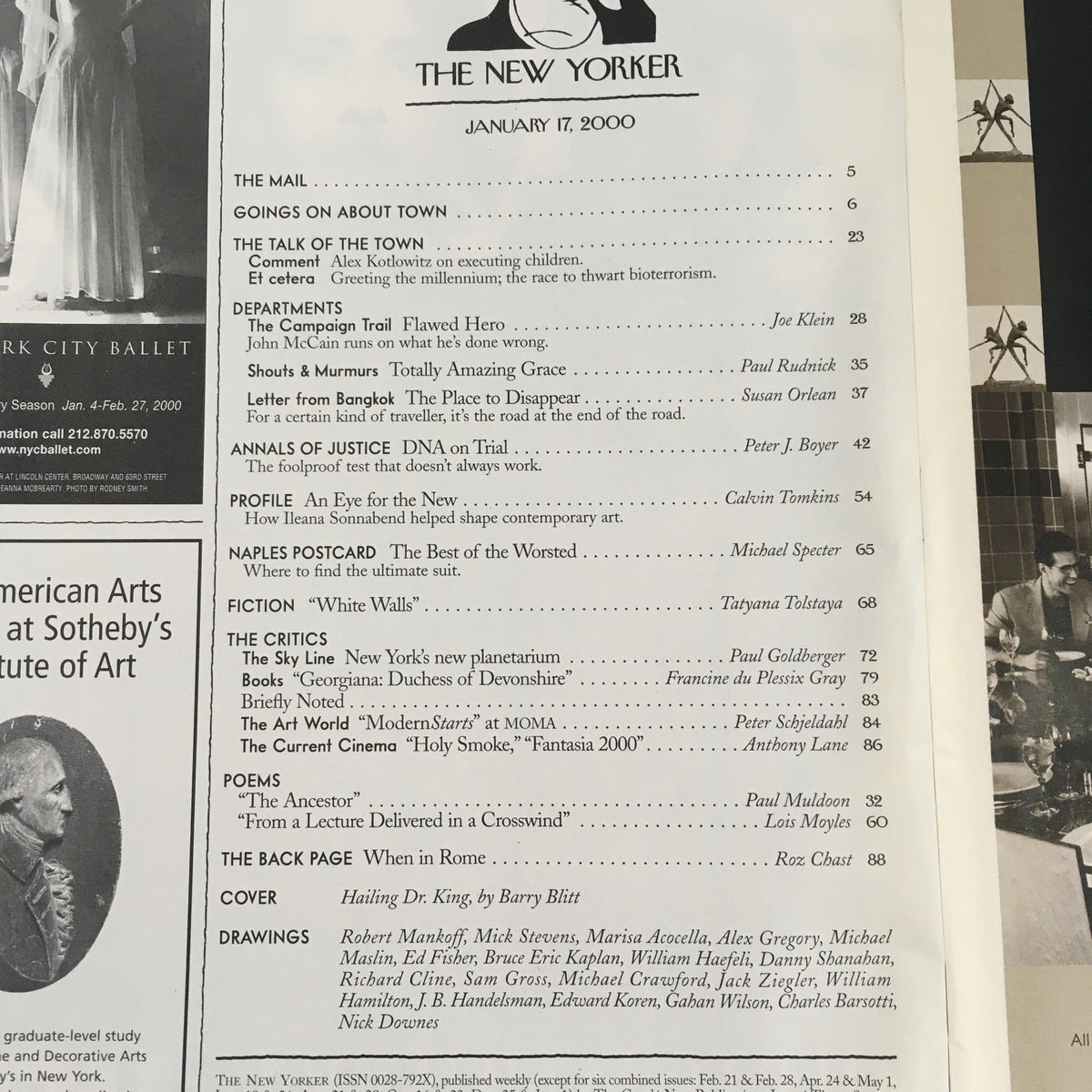 Table of contents for The New Yorker Magazine, January 17, 2000, showcasing articles and features, including the tribute to Martin Luther King, Jr.
