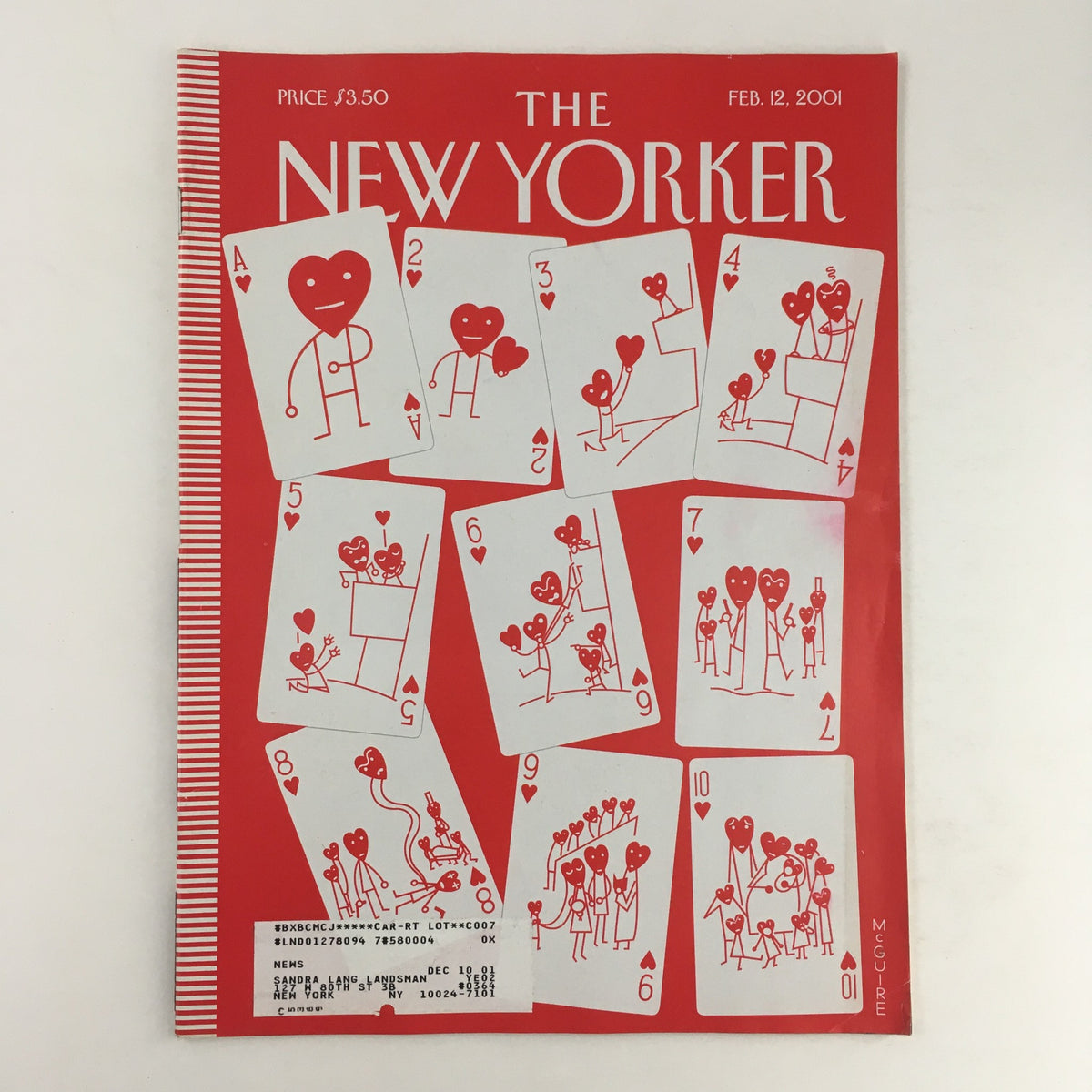 The New Yorker Full Magazine February 12 2001 featuring a vibrant red cover design with illustrations of hearts and playful characters by Richard McGuire. Great for collectors of vintage literature and magazine art.