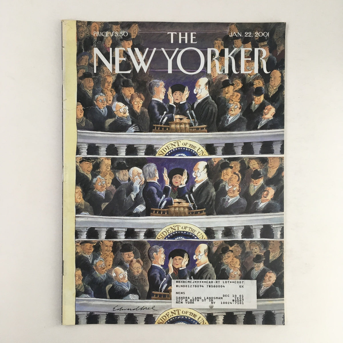 The New Yorker Full Magazine January 22, 2001 featuring the cover illustration 'Slip of State' by Edward Sorel, showcasing an artistic depiction of a courtroom scene with a crowd of onlookers.