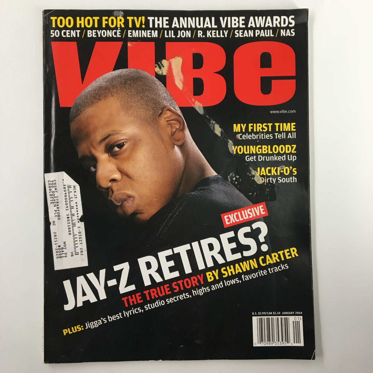 VIBE Magazine January 2004 cover featuring Jay-Z, with the headline announcing his retirement and the title 'The True Story by Shawn Carter'.