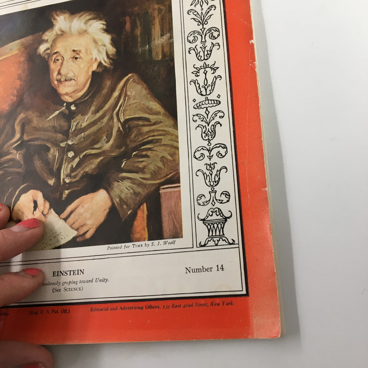 Close-up view of the cover of VTG Time Magazine Vol. 31 No. 14 April 4 1938, displaying Albert Einstein's portrait and the magazine's title.