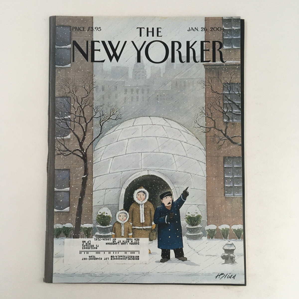 The New Yorker magazine cover from January 26, 2004 featuring the artwork 'Mush!' by Harry Bliss, depicting a snowy scene with a snowman igloo and three figures.