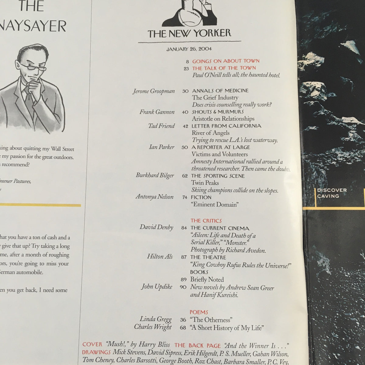 Interior page of The New Yorker magazine from January 26, 2004 showing the contents section, highlighting various articles and illustrations featured in that issue.