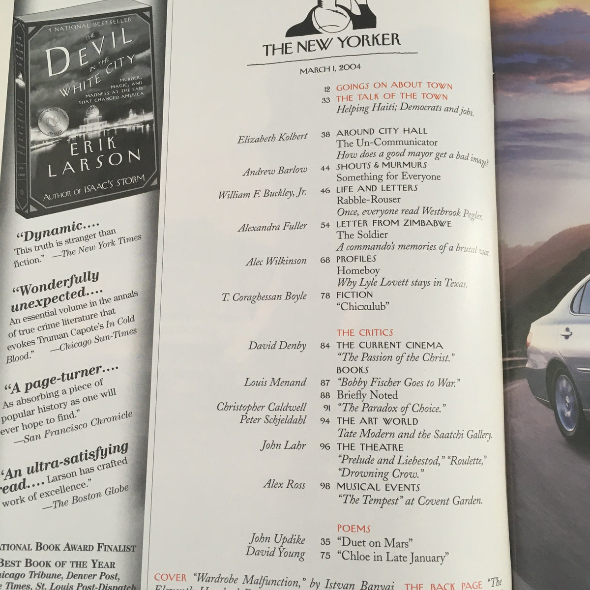 Table of contents from The New Yorker magazine, March 1, 2004, highlighting various articles and features, showcasing the publication's cultural commentary.