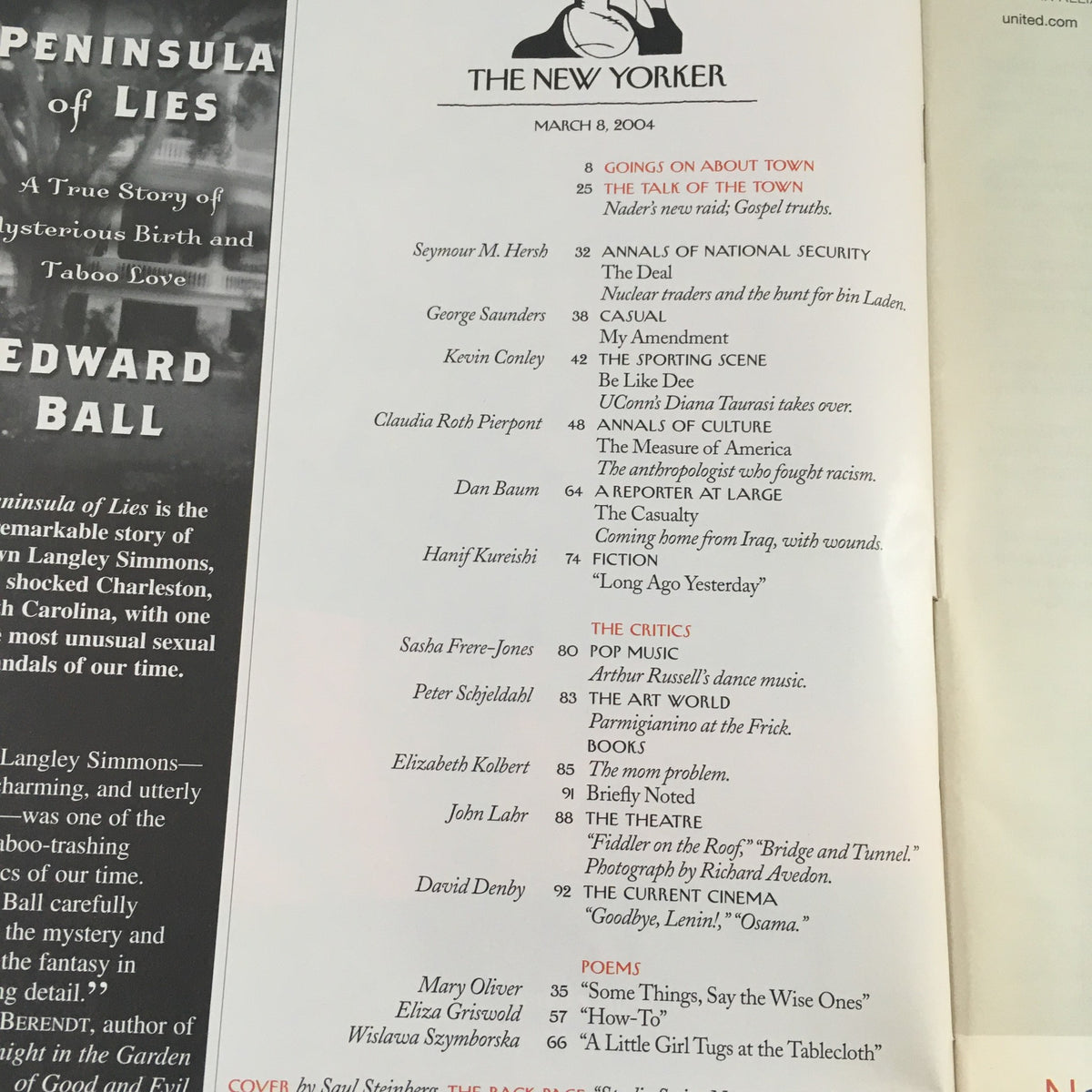 Table of contents page from The New Yorker magazine, March 8, 2004, featuring article titles and contributors including 'The Talk of the Town' and 'The Critics', highlighting the magazine's diverse literary content.