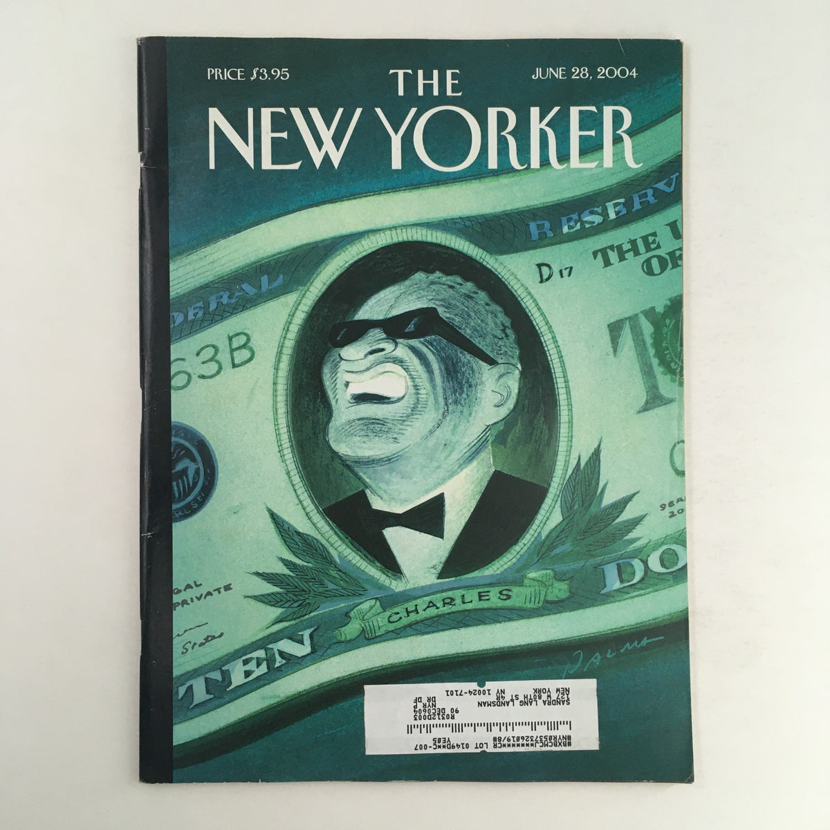 Cover of The New Yorker magazine, June 28, 2004 issue featuring the title 'The New Yorker' and an artistic illustration portraying a character on a dollar bill, reflecting the magazine's theme of 'Dogs of New York' by Eric Palma.