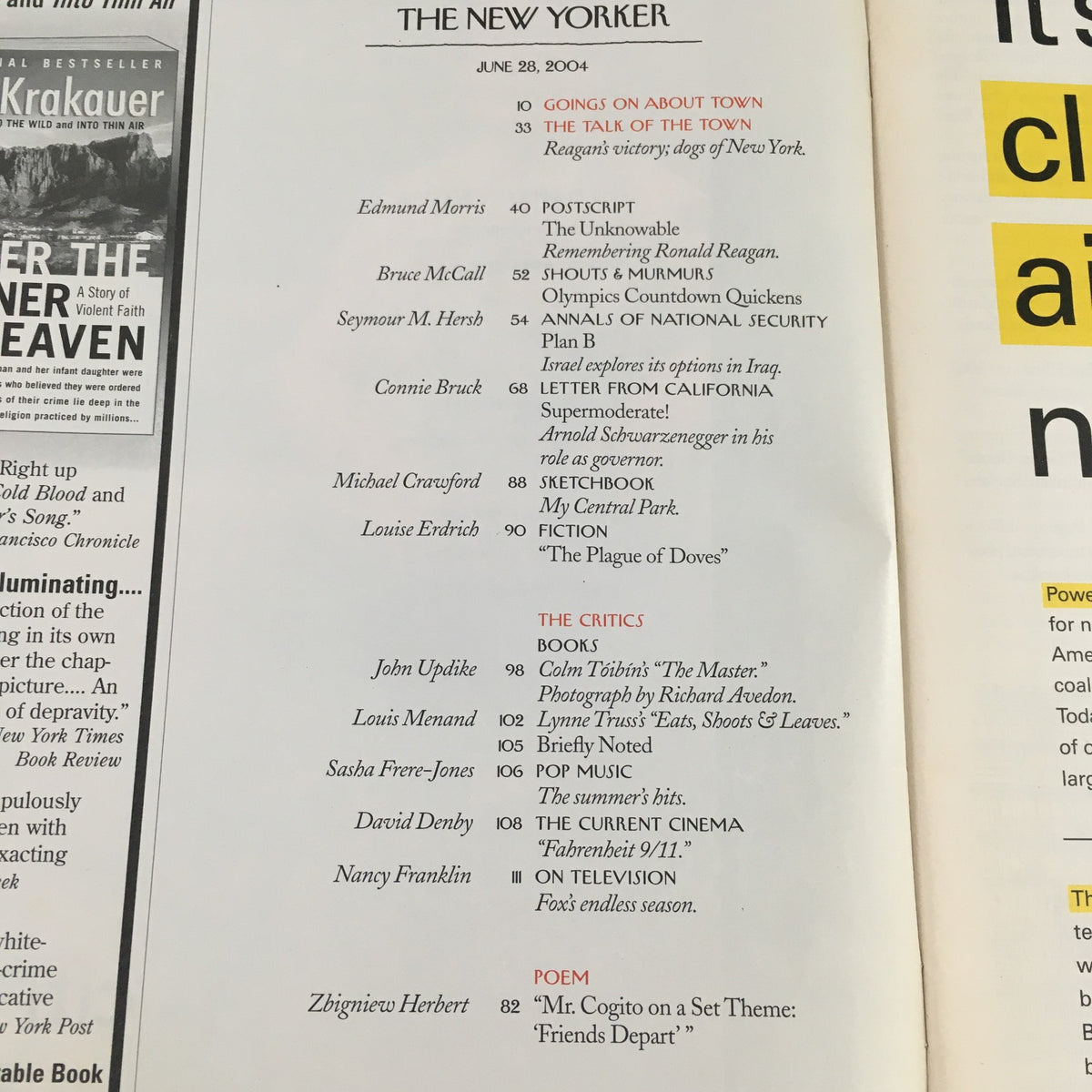 Table of contents for The New Yorker, June 28, 2004 issue, listing various articles and contributors including the feature 'Dogs of New York' by Eric Palma.