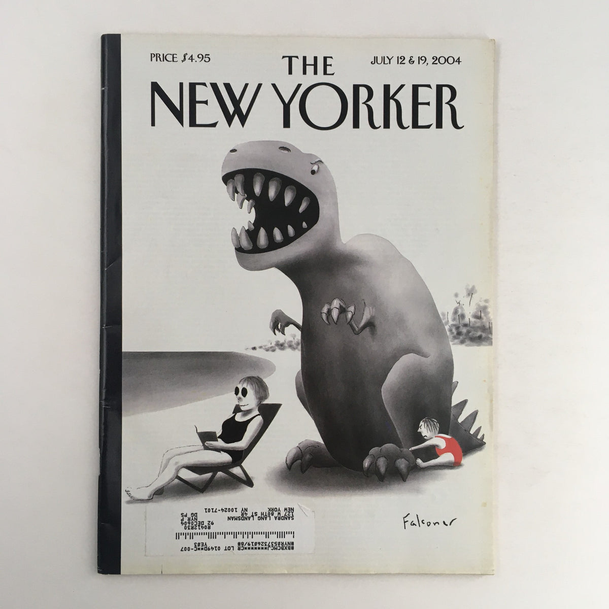 The New Yorker magazine cover for July 12, 2004, featuring the playful illustration 'Life's A Beach' by Ian Falconer, showcasing a humorous beach scene with a giant dinosaur.