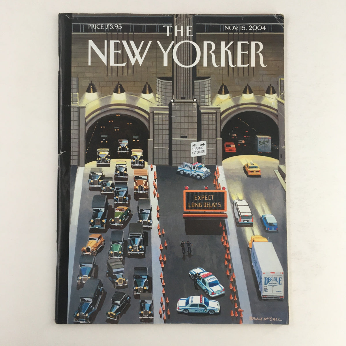 Cover of The New Yorker magazine, November 15, 2004, titled 'Expect Long Delays' by Bruce McCall, featuring a bustling traffic scene with police cars and vintage vehicles.