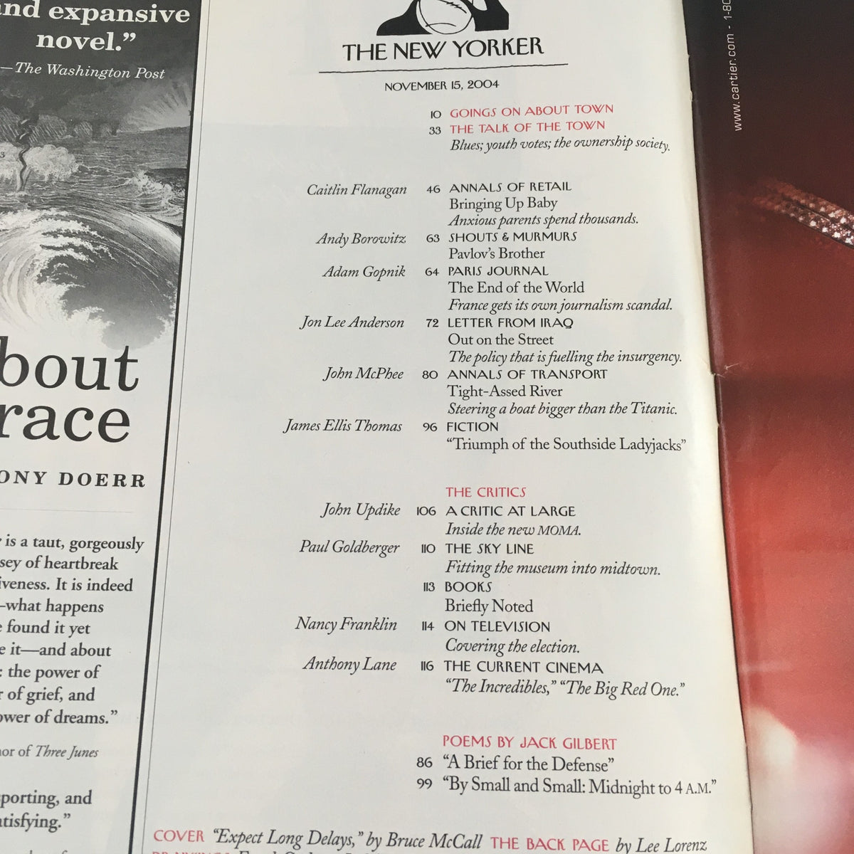 Interior page of The New Yorker, November 15, 2004, showcasing the table of contents and article titles, including contributions from various authors.